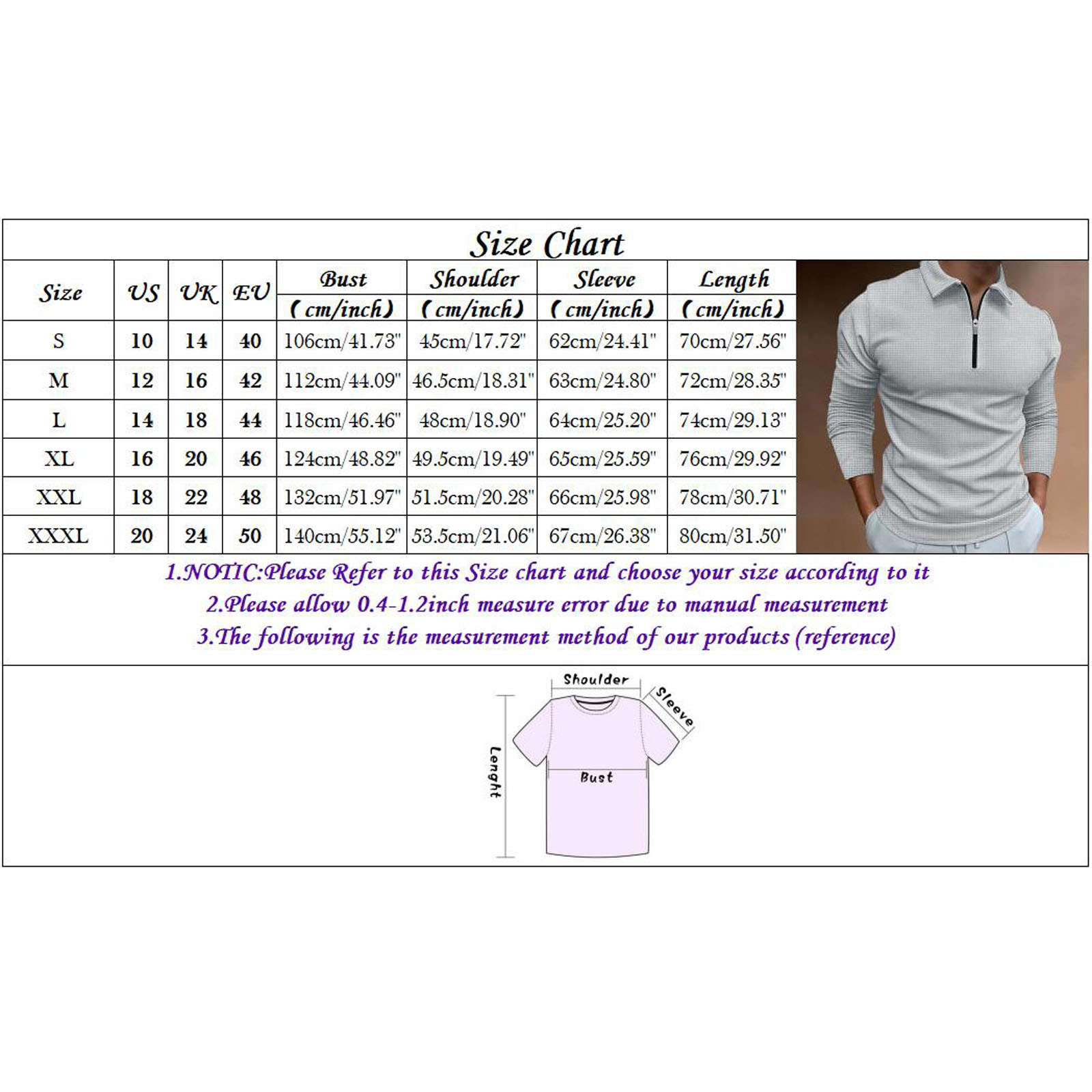thumbnail image 3 of Camisa informal de manga larga para hombre: cuello vuelto, detalle de cremallera, color liso, poliéster, oficina/ocio, tallas 10-20 (EE. UU.), 3 of 5